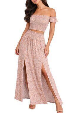 Blush Floral Two Piece Matching Set Festival Maxi Skirt Small NWT